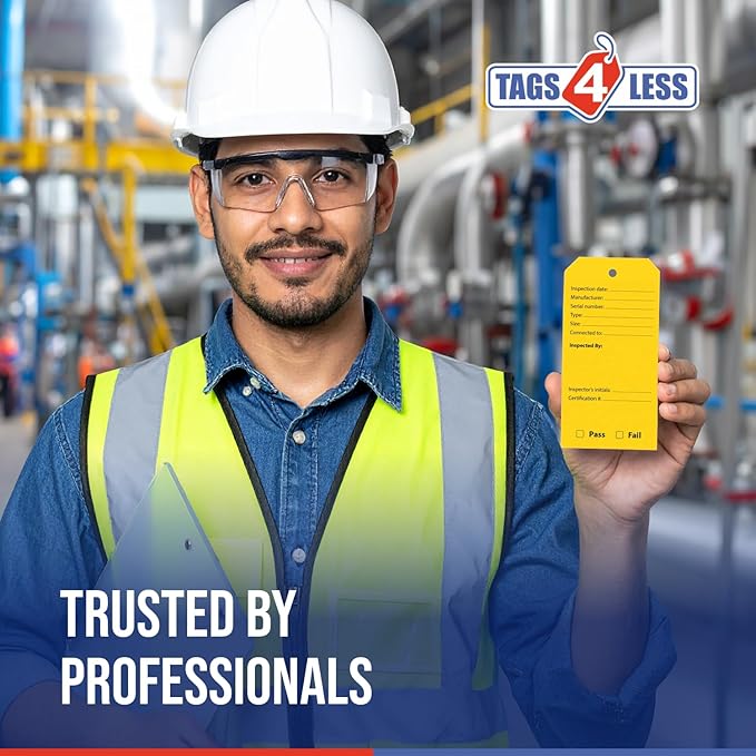 Tags 4 Less Backflow Preventer Inspection Tags – 2 5/8" x 5 1/4" Maintenance Record Label for Backflow Test, Waterproof Heavy Duty Vinyl Plastic for Record-Keeping (Yellow, Pack of 100)