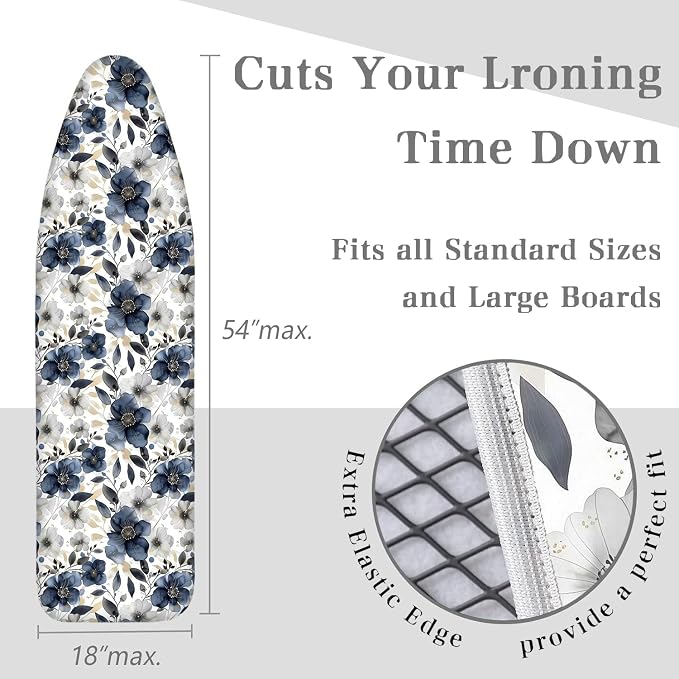 Vintage Ink Navy Blue Peony Florals 15"x54" Ironing Board Cover - Image 5