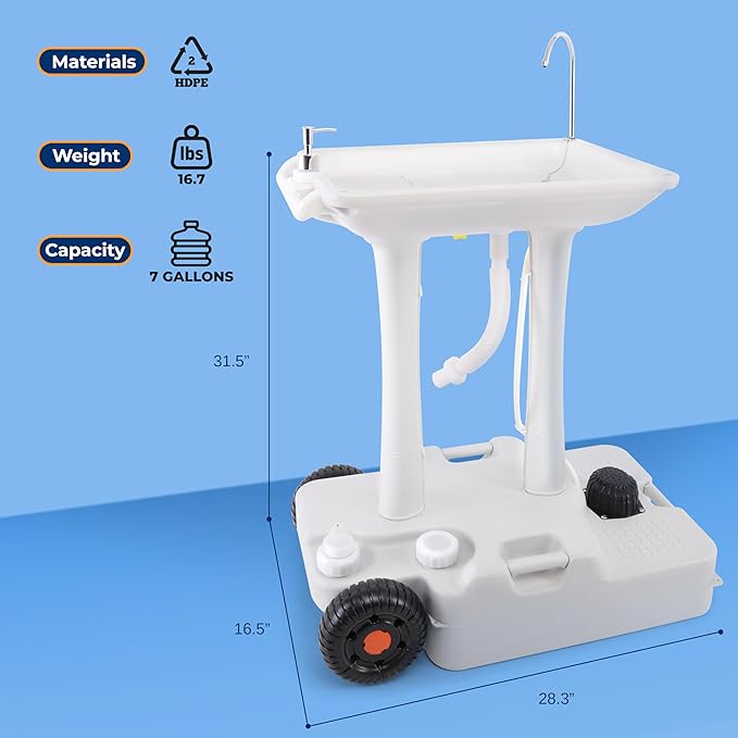SereneLife Portable Hand Washing Station, 100+ Hand Washes, Hands-Free Foot Pump, Soap Dispenser, and Drain Hose, Ideal for Outdoor Events, Camping, Boating and Worksites