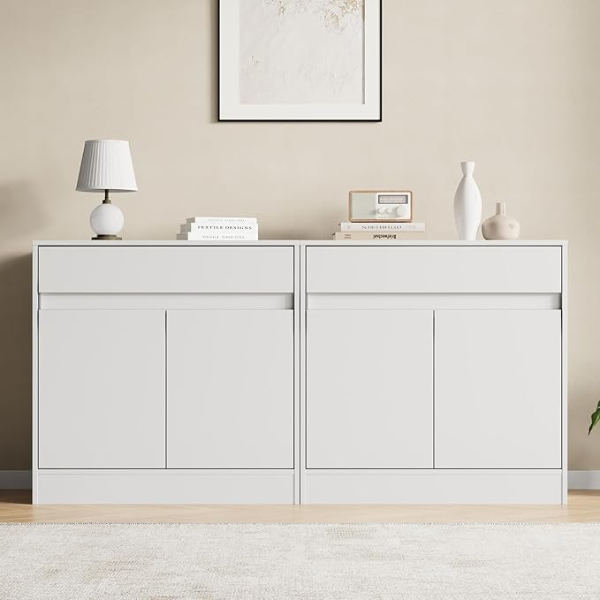 Buffet Cabinet with 2 Doors and Drawer, Coffee Bar Cabinet with Adjustable Shelf, Modern Kitchen Buffet Sideboard for Living Room, Kitchen, White