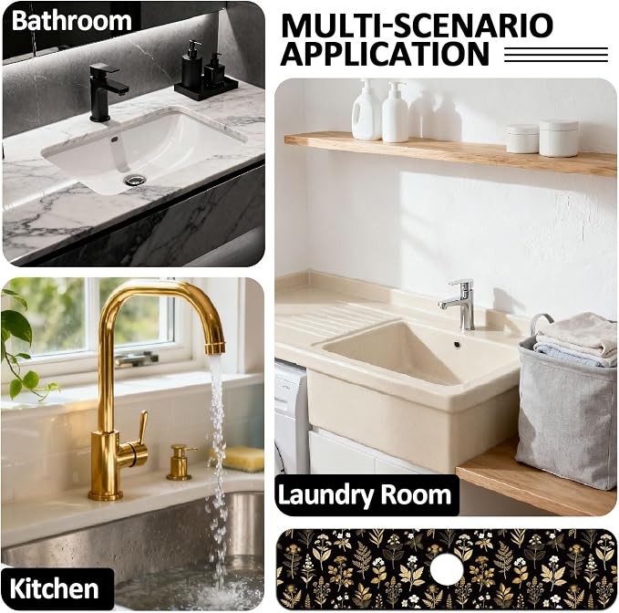 2 Pcs Kitchen Sink Splash Guard Faucet Mat Vintage Gold Leaves Faucet Mat - Image 7