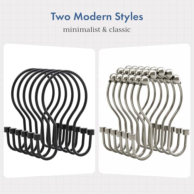 Bathway Shower Curtain Hooks Black Shower Curtain Rings, Simple Double Hook - Image 5