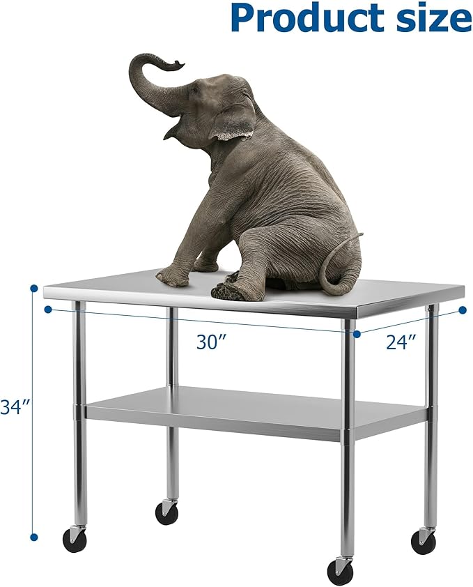 30" x 24" Stainless Steel Work Table NSF Certified Heavy Duty Commercial Kitchen Prep Table with Undershelf & Caster Wheels for Home, Restaurant, Hotel, Silver