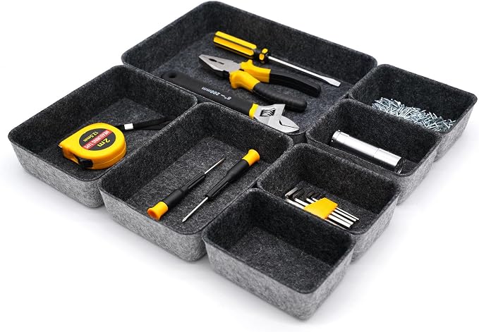 7pc Shallow Felt Desk Drawer Organizers Trays Charcoal Storage Bins - Image 5