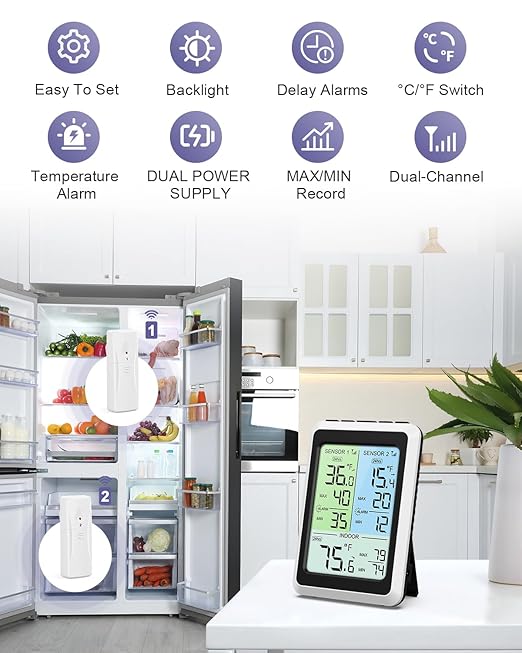 Refrigerator Thermometer with Alarm - 4.5 inch Wireless Fridge Thermometer with 2-Level Backlight, 2 Sensors, Digital Freezer Thermometers with Max/Min Records, for Homes Restaurants Cellars