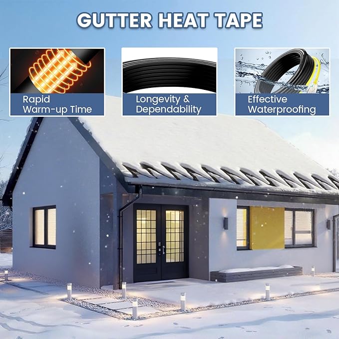 60 FT Gutter Heat Cable Kit, YeloDeer 6 W/FT Heat Tape for Roof and Gutters, Self-Regulating Roof Melt Heating Snow De-Icing Cable, 120V