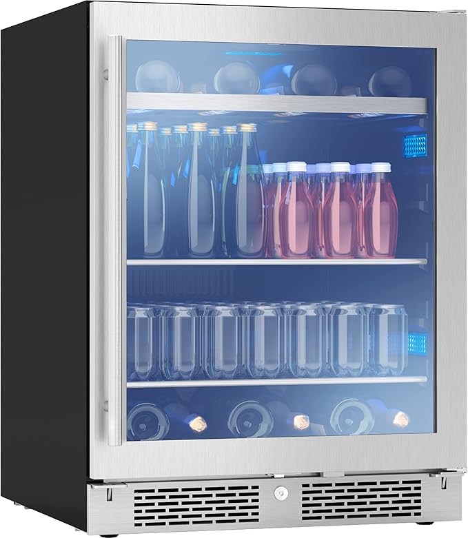 Zephyr 24" Wine Fridge & Beverage Refrigerator ADA Single Zone Under Counter - Mini Wine Cooler Cellars Small Beer Fridge Cabinet Drink Chiller Freestanding with Glass Door - 7 bottles 112 cans