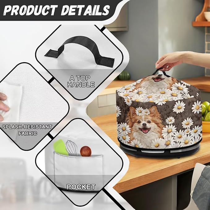 Pomeranian Dog Daisy Print Slow Cooker Cover with Storage Pocket Portable Stain Resistant Slow Cooker Cover for Kitchen Extra Accessories Fit 6/7/8 Quart Electric Oval Crock Pot