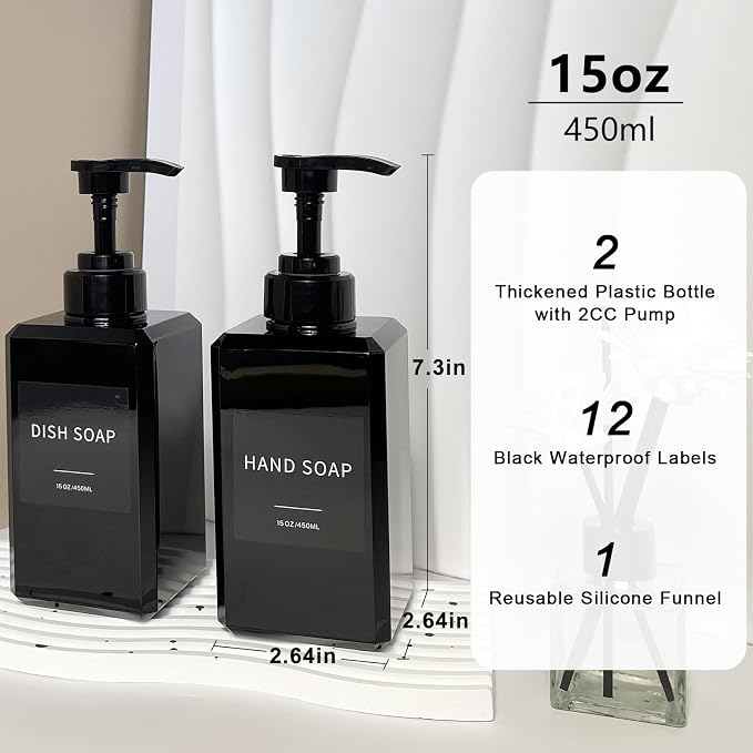 Black Soap Dispenser with Waterproof Labels, Thickened Plastic Hand Soap - Image 2