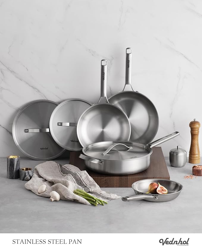 Stainless Steel Frying Pan 12 Inch with Lid, Fully Clad Tri-Ply Stainless Steel Skillet for Even Heating, Brushed Finish, Dishwasher & Oven Safe, Induction & All Stovetops Compatible