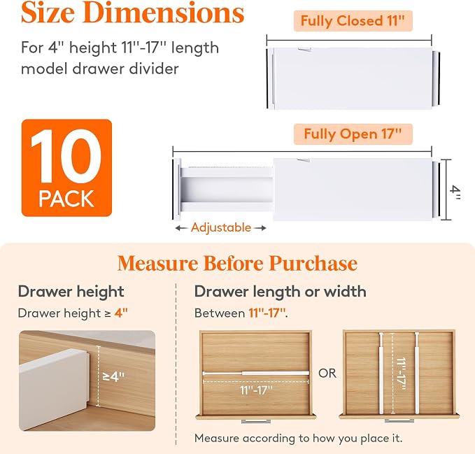Lifewit 4" High Upgrade Drawer Divider, Adjustable Drawer Organizer Clothes | - Image 2