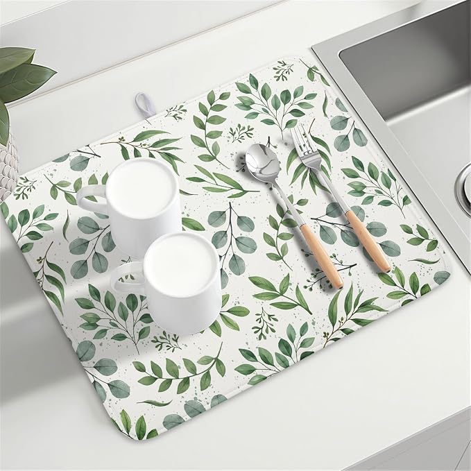 Kawani Sage Green Dish Drying Mat 18x24 In Absorbent Reversible Eucalyptus - Image 8