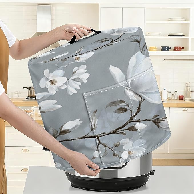 Kitchen Appliance Accessories Dust Cover for 3-6-8 Quart Instant Pot, Pressure Cooker, Air Fryer & Crock Pot,Decorative Appliance Cloth Cover with Top Handle & Storage Pockets (White, 8 Quart)