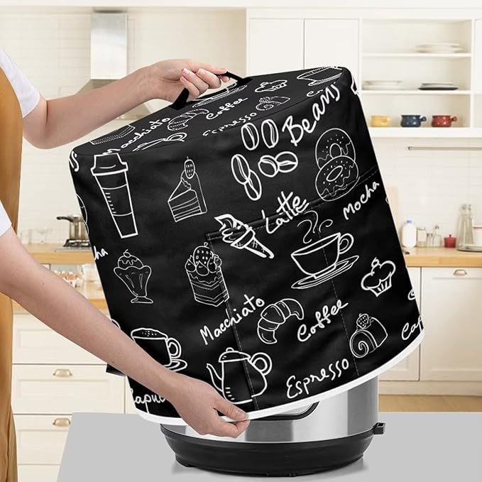 Dust Cover for Kitchen Appliance Accessories for 8 Quart Pressure Cooker Air Fryer Rice Cooker Dust Protection with Storage Pockets, Coffee Dessert Black