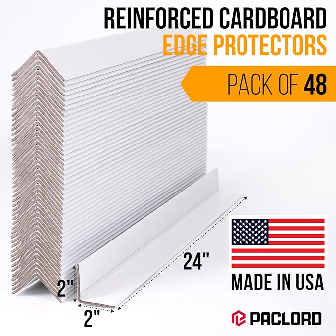 24" x 2" x 2" Reinforced Cardboard Edge Protectors, White (Pack of 48) – 0.16" Thick Heavy-Duty Cardboard Corner Protectors for Shipping – American Quality V-Board Pallet Edge Protectors