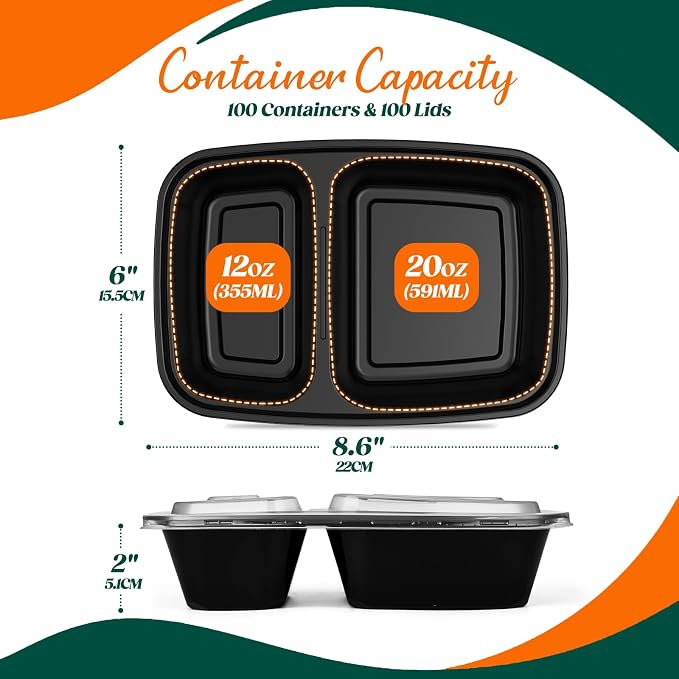 Glotoch 100 Pack32oz 2-Compartment Meal Prep Containers - Image 3
