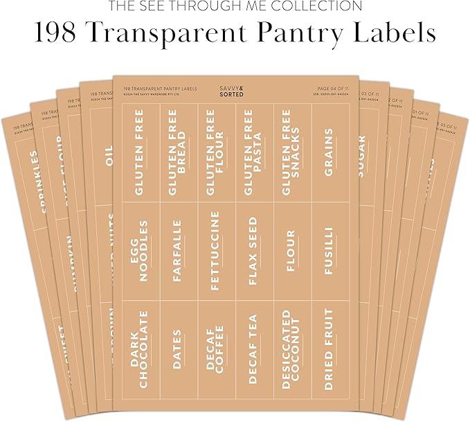 SAVVY & SORTED Pantry Labels for Food Containers, 198 Modern Font Kitchen Labels for Containers on Clear Sticker, Waterproof Scratch Resistant, Organize Pantry Essentials