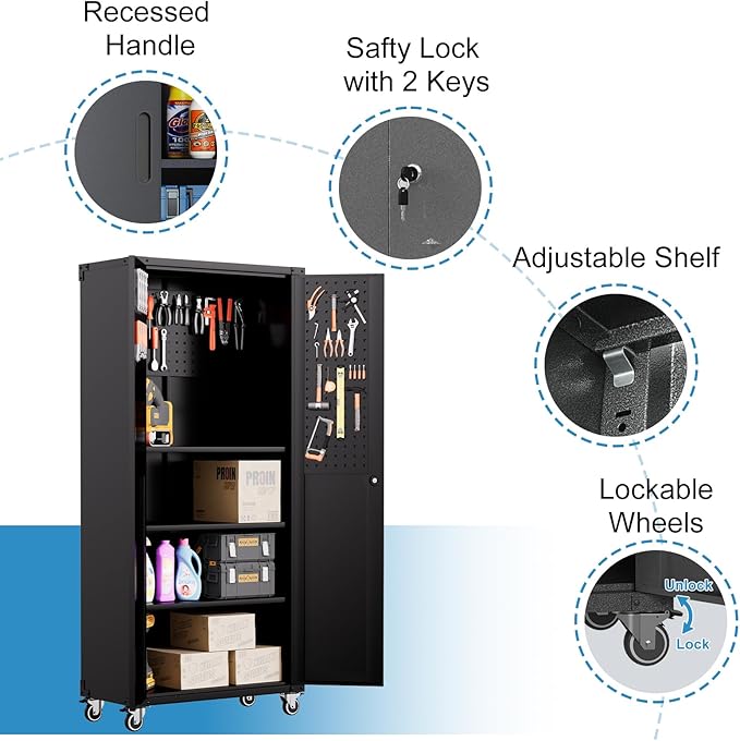 Tall Metal Storage Cabinet with Wheels Black Heavy Duty Large Metal Garage Cabinets with Adjustale Shelves Lockable Rolling Tool Cart for Warehouse Basement Kitchen, Assembly Required