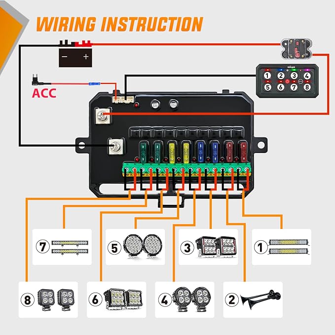 Nilight 8 Gang Switch Panel Circuit Control Relay System APP RGB Backlight Fuse Wiring Harness Toggle Momentary Strobe Flash Modes Automatic Dimmable 12V 24V for Car Truck Camper SUV