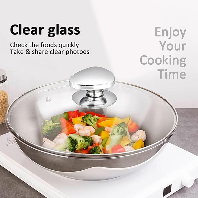 Glass Lid For Pots, Pans and Skillets, Clear tempered Glass Lid Replacement with Vent For Frying Pan, Stock Pot, Cast iron skillet, 8, 9.5, 10.25, 11, 12, 12.5, 13.5 and 14 Inch Stainless Steel cover