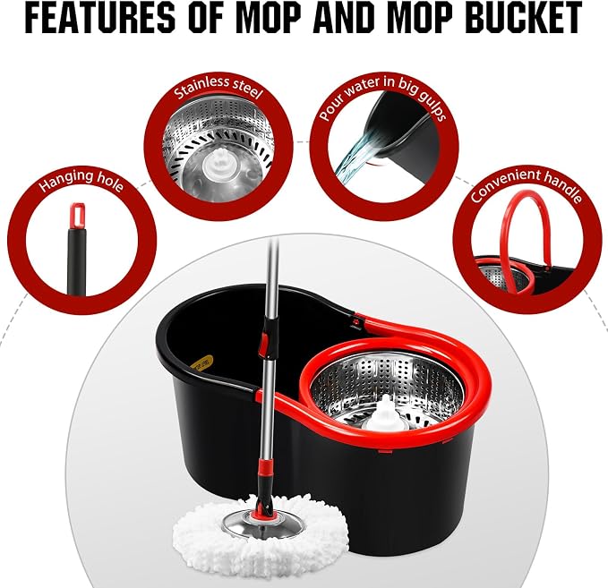 Spin Mop and Bucket with Wringer Set, 3 Microfiber Mop Heads - Image 5