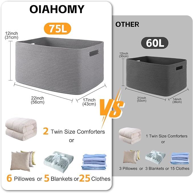 OIAHOMY 75L Large Blanket Basket Woven Storage Basket - Image 3