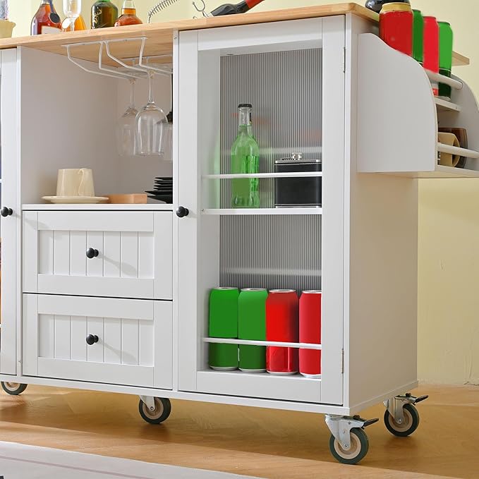 White Kitchen Cart with Storage, Drop Leaf Kitchen Island on Wheels, Mobile Rolling Cart with Drawers & Shelves for Small Spaces, Farmhouse Kitchen Cart with Butcher Block Top