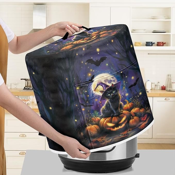 3 Quart Pressure Cooker Dust Cover with Top Handle and Storage Pocket Kitchen Small Appliance Protector Air Fryer Rice Cooker Dust Cover Halloween Moon Night Cat