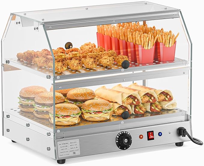 Bonnlo Commercial Food Warmer Display Pizza Warmer, 2-Tier Electric Countertop Food Warmer with LED Acrylic Door Removable Shelves Temp Control, Food Display Warmer for Buffet Restaurant, 120V 300W