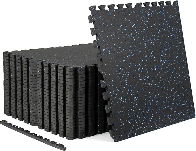 0.56in Thick 96 Sq Ft Exercise Equipment Mats, 24 Tiles Rubber Top EVA Foam Workout Mats, Interlocking Gym Flooring for Home Gym, 24 x 24in, Black & Blue