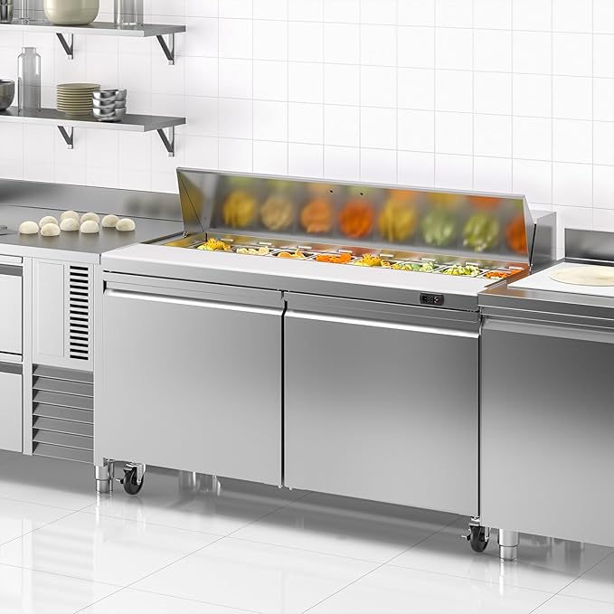 60" W Commercial Refrigerator Sandwich Salad Prep Table, 17.8 Cu.ft 2 Door Commercial Stainless Steel Food Prep Fridge with 16 Pans, Salad Prep Station for Restaurant, Bar, Shop, etc.