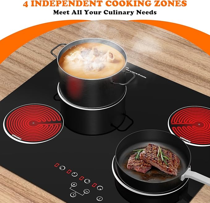 4 Burner Electric Cooktop, TOPWISH 24 Inch, Built-in Electric Stove Top, 220-240v Radiant Cooktop with Child Lock, Touch Control, Residual Heat Indicator, Overheat Protection, Hard Wire (No Plug)