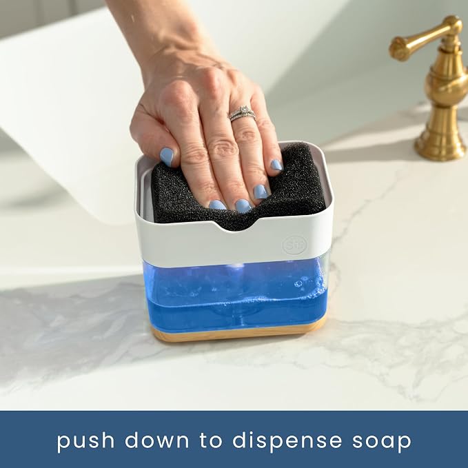 S&T INC. Dish Soap Dispenser and Sponge Holder, Plastic Bamboo and White | - Image 2