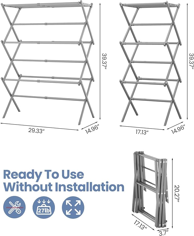 Oversize 3-Tier Clothes Drying Rack, No Install, Non-slip feet, Tool-free Setup - Image 2