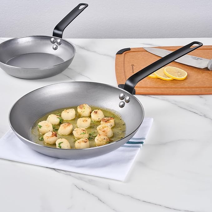 Restaurantware Fry Pan 6 Pack of 11 Inches Carbon Steel Non-Stick Searing Pan With Ergonomic Handle Silver For Sauteing and Omelets