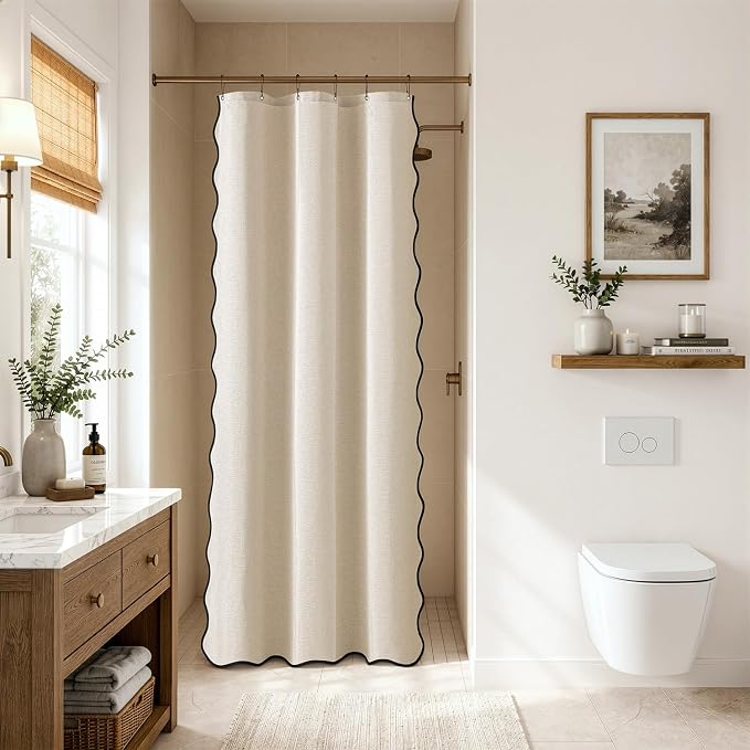 MIULEE Cream Beige Small Stall Scalloped Linen Shower Curtain 36x72 Inches - Image 3