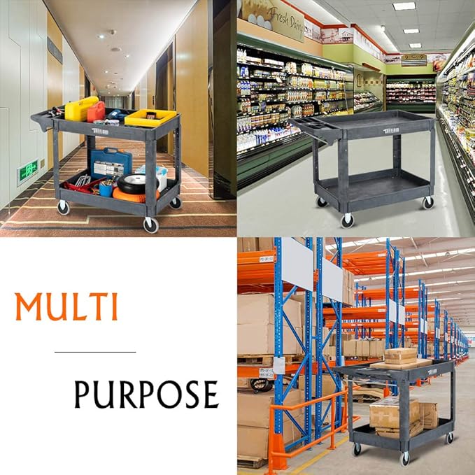 TUFFIOM Plastic Service Utility Cart with Wheels, 550lbs Capacity, Heavy Duty Tub W/Deep Shelves, Multipurpose Rolling Extra Large 2-Tier Mobile Storage Organizer, Warehouse Garage Industrial Cart