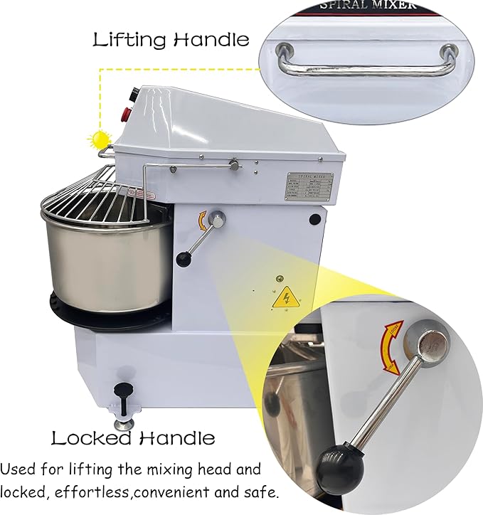 INTSUPERMAI Commercial Dough Mixer Machine Electric Food Mixer with Removable Bowl Double Action Spiral Mixer for Schools Bakeries Restaurants Pizzerias 110V 20 L / 20 QT Capacity