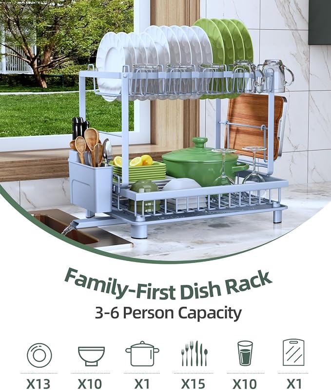 2-Tier Dish Drying Rack for Kitchen Counter, Space-Saving, Auto Drain Spout - Image 8