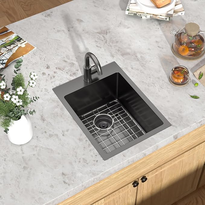 Black Bar Sink with Faucet - 15 Inch Drop In Bar Sink 16 Gauge Stainless Steel Topmount Gunmetal Black Single Bowl Small Prep Sinks with Accessories for Kitchen Bars, RV, Small Space #TLT-0032