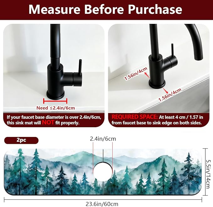 2 Pcs Kitchen Sink Splash Guard Faucet Mat Watercolor Forest Pattern Faucet Mat - Image 2