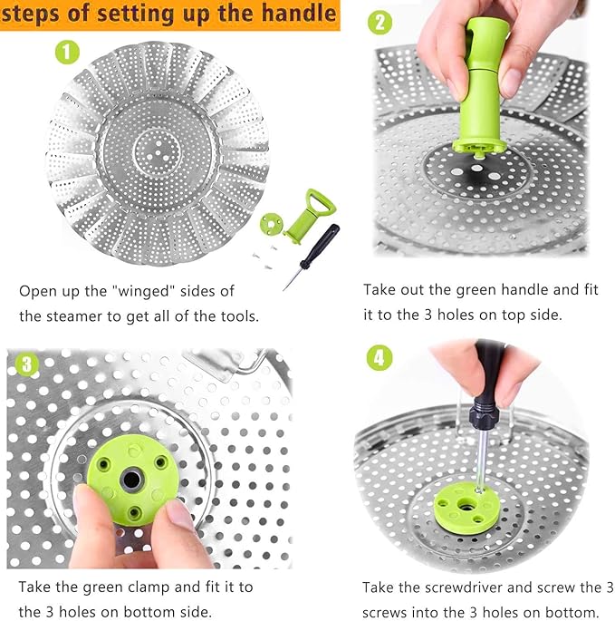 Vegetable Steamer Basket, Stainless Steel Folding Steamer Basket Insert for Veggie Fish Seafood Cooking, Expandable to Fit Various Size Pot (5.1" to 9" Triangle)