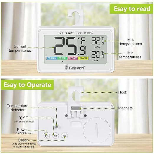 Geevon Digital Refrigerator Thermometer,IP65 Waterproof Fridge and Freeze Thermometer with Magnetic Back Large LCD,Max/Min Record Function for Home,Commercial (White-1Pack)