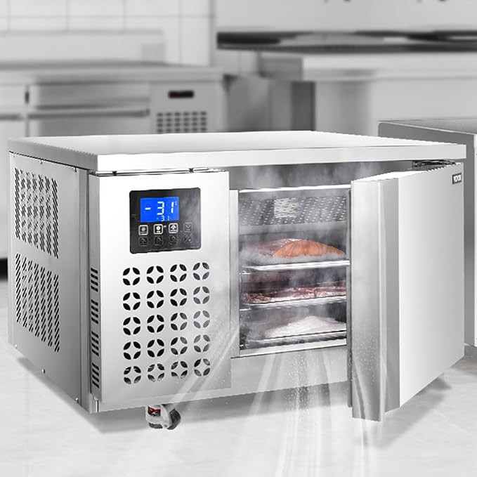 VEVOR 80 L Blast Chiller, 3 Trays Commercial Flash Freezers, <-31~68°F> 4 Modes Chest Shock Frozen, 304 Stainless Steel Flash Freezer, 360° De-frost Blast Chiller with Casters for Seafood, Ice Cream