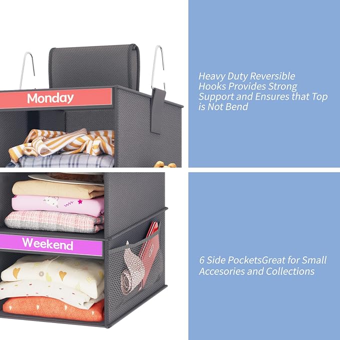 Weekly Kids Clothes Organizer 6-Shelf Hanging Closet Storage Dark Grey | - Image 5
