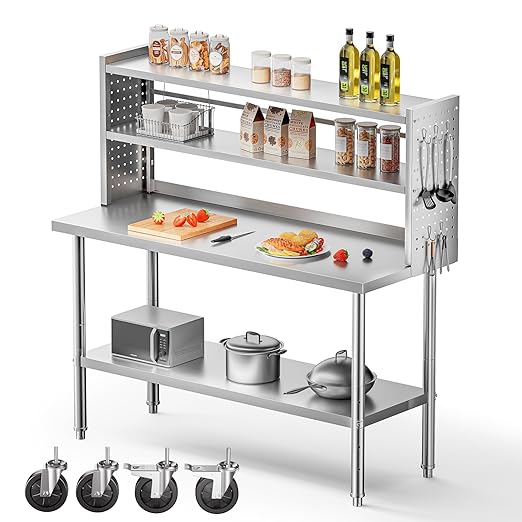 60x24 in NSF All Stainless Steel Table with Adjustable Shelf & Pegboard Panels & Casters, Kitchen Prep Table Commercial Heavy-Duty Worktable with Large Space Storage for Restaurant Garages