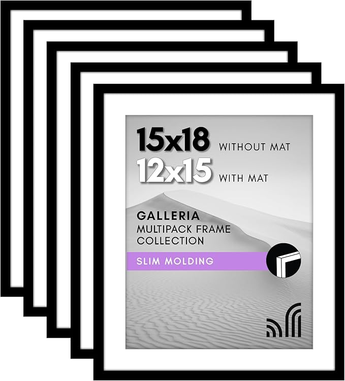 Americanflat 15x18 Picture Frame with Polished Plexiglass - Set of 5 - Use as 12x15 Frame with Mat or Display 15x18 Photo Without Mat - Galleria Collection - Picture Frames for Wall Display - Black