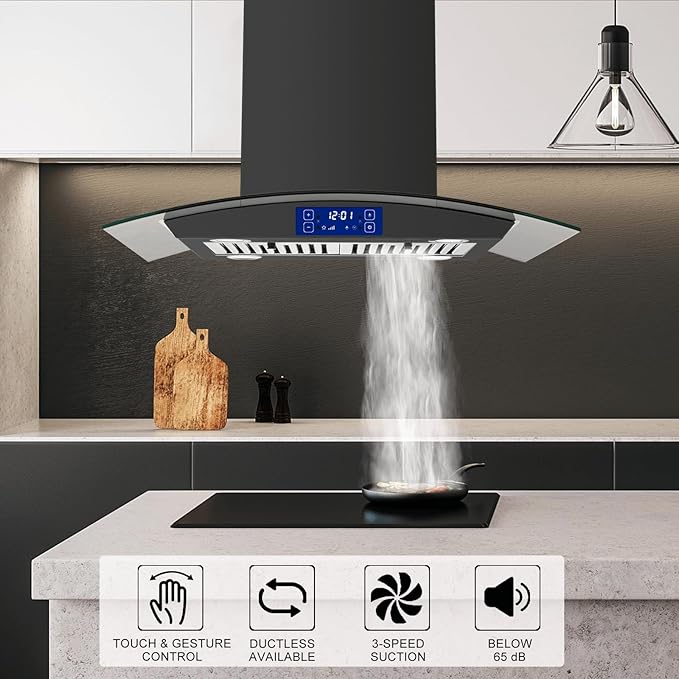 30 Inch Island Range Hood Black 700CFM, Gesture & Touch Panel Ceiling Mount Vent Hood, Stainless Steel Kitchen Exhaust Fan Convertible, Tempered Glass, LED lights, Permanent Baffle Filters