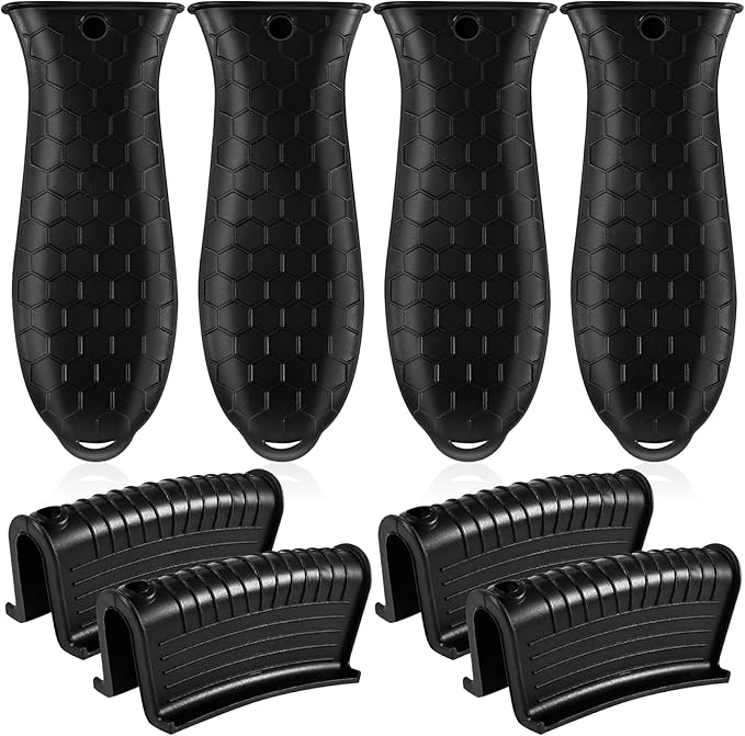 8 Pack Silicone Hot Handle Holders, Cover Cast Iron Handle Cover, Heat Resistant Assist Pan Handle Sleeve for Frying Pan, Non-Slip Pot Holder Sleeve, Potholder for Cast Iron Skillets(Black)