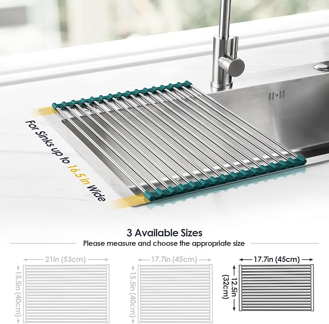 Tomorotec Roll Up Dish Drying Rack Over Sink, 304 Steel, DarkGreen | Anti-Slip - Image 4